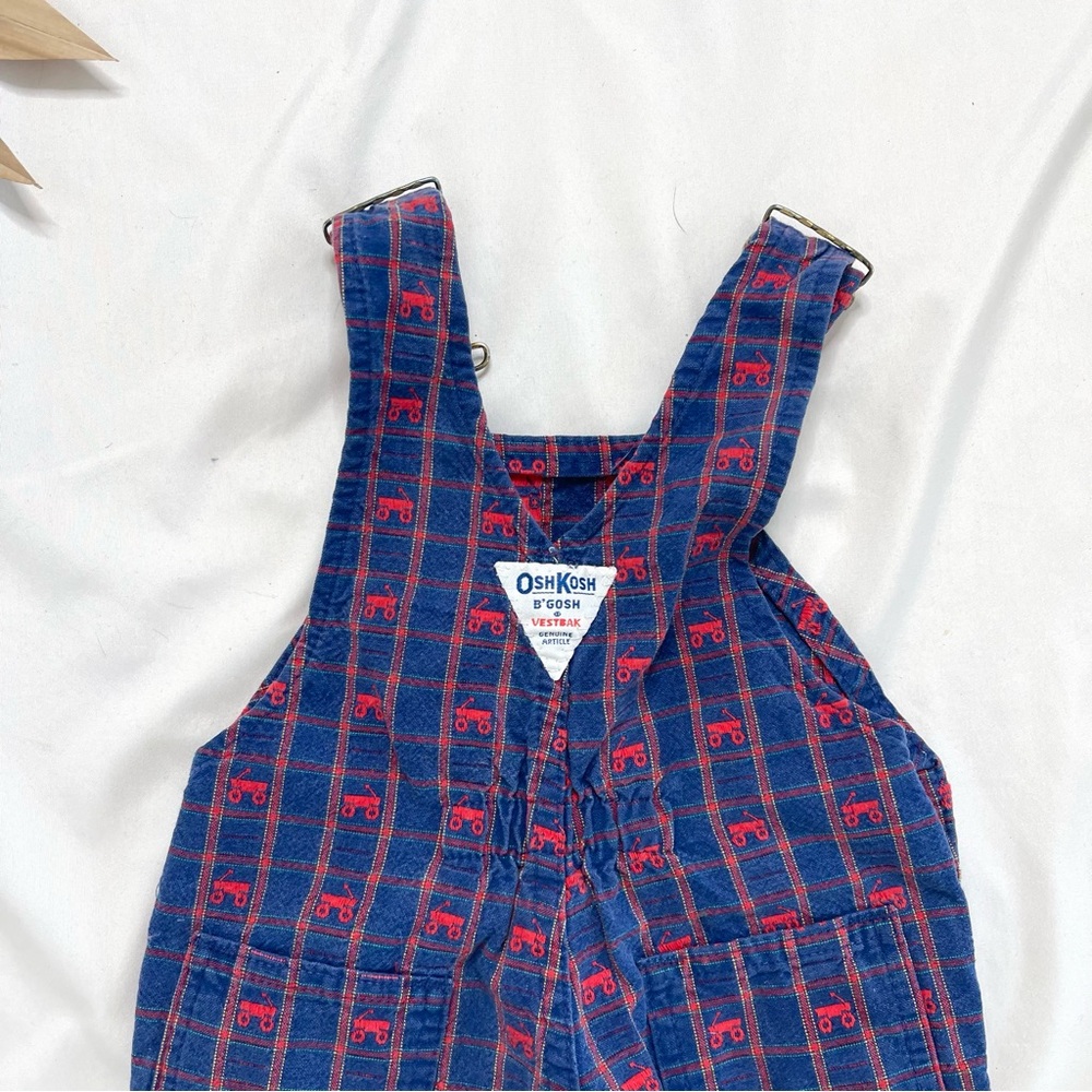 Vintage OshKosh B’Gosh Blue and Red Plaid Little Red Wagon Overalls Jumpsuit 2T - Picture 7 of 7